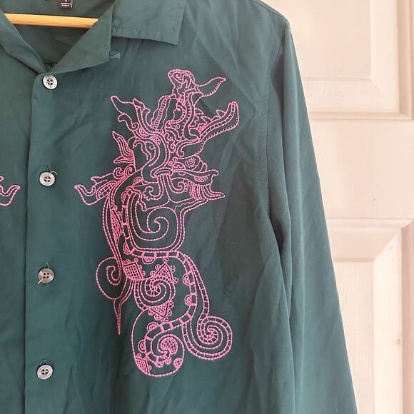 Stussy Japan Y2K Dragon Print Embroidered Button Down‎ Shirt Green Sz Mens Small - Picture 3 of 8